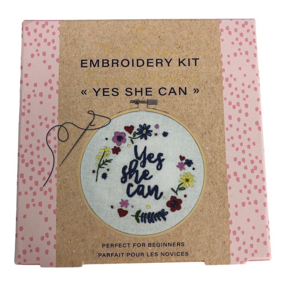 New w/box "Yes She Can" Embroidery Kit Beginners 9.5" circle white cotton Gift